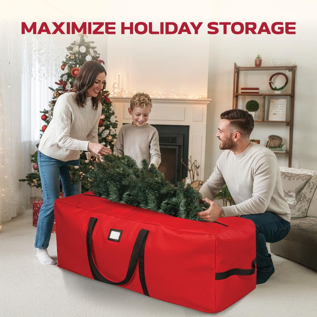 PEULEX 9 Foot Christmas Tree Storage Bag, Extra Large Artificial Tree Storage Container, Tree Holder Bag, Wear-Resistant 600D Oxford Fabric, Lightweight, Reinforced Thick Handles, Card Slot (Red)