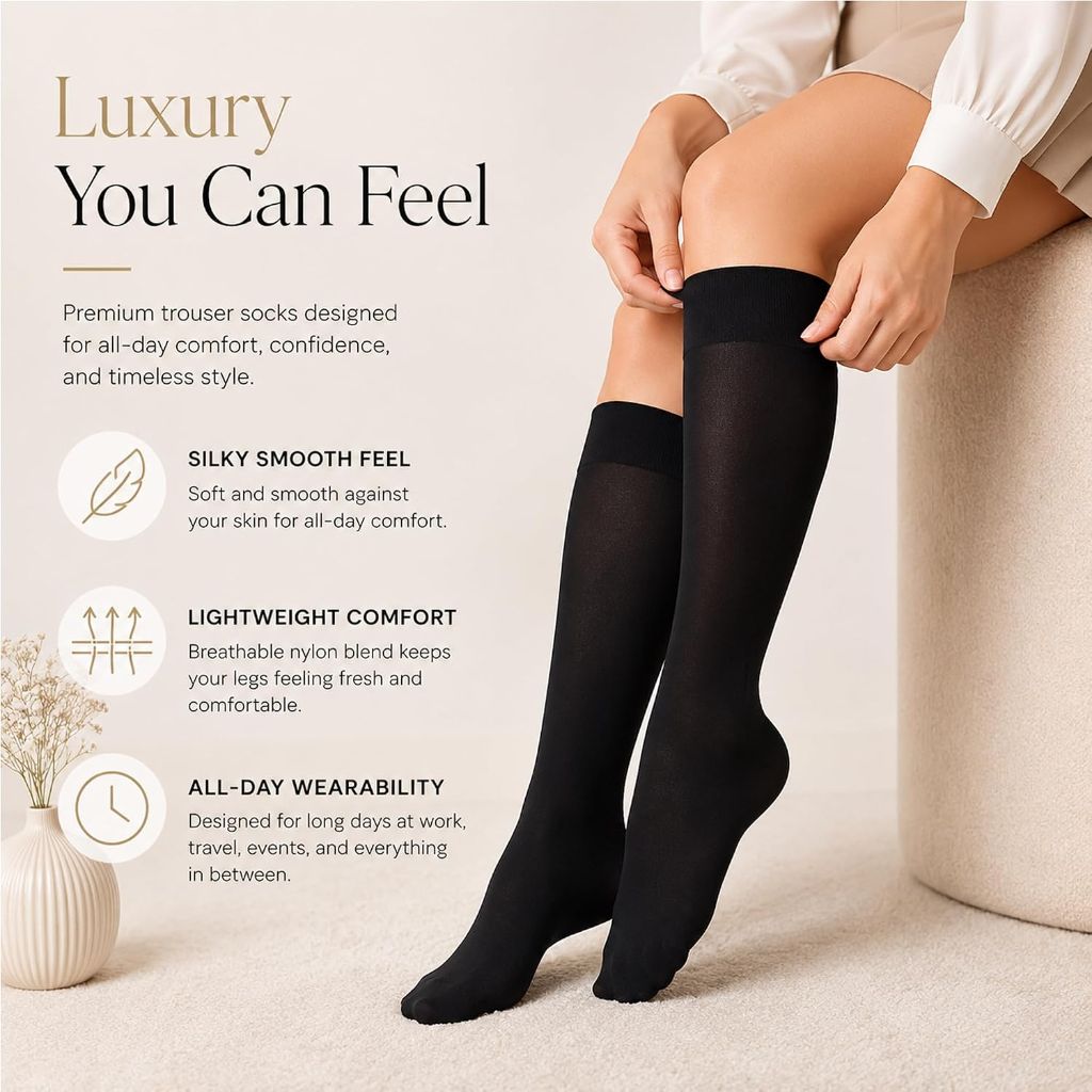 Winterlace Women’s Trouser Socks, Opaque Stretchy Nylon Knee High, Many Colors, 6 Pairs, Size 9-11