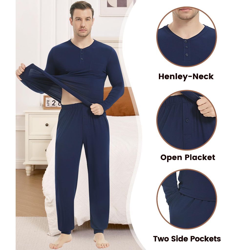 SZ XXL, NACHILA Mens Pajamas Set Long Sleeve Henley Sleepwear, Bamboo Navy Blue XXL