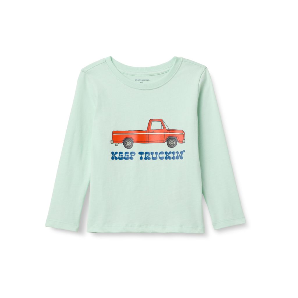 Amazon Essentials Boys' Long-Sleeve Cotton T-Shirts, Pale Mint Green Truck, Large