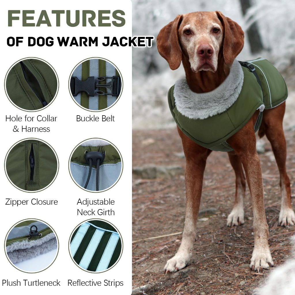 DENTRUN Waterproof Dog Winter Coats with Reflective Strips & Adjustable Snowsuit, Small