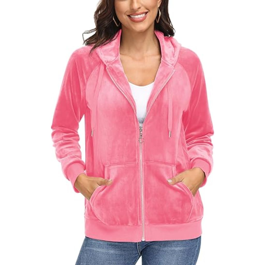Csvinkiko Women's Velvet Hoodie Jacket Long Sleeve Zip Outerwear Soft Velour Sweatshirt Casual Jacket