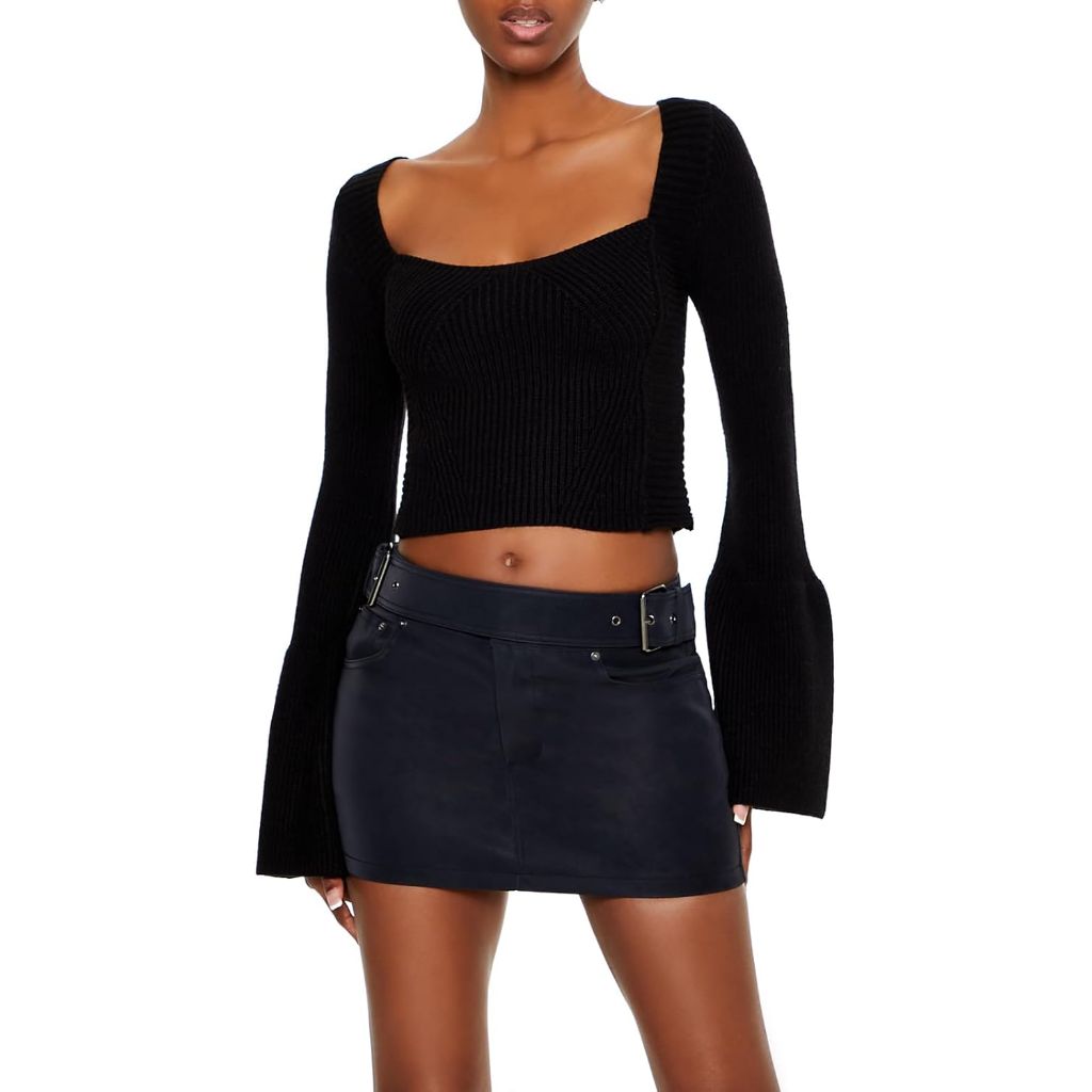 Forever 21 Women's Cropped Bell-Sleeve Sweater - Black, Size XS