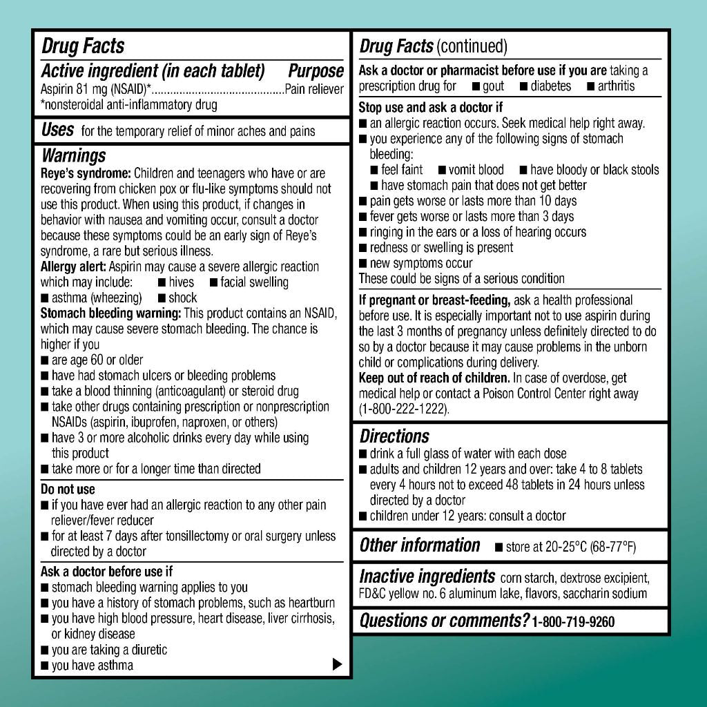 Amazon Basic Care Low Dose Aspirin 81 mg Chewable Tablets, Pain Reliever for Minor Aches, Orange Flavor, 36 Count