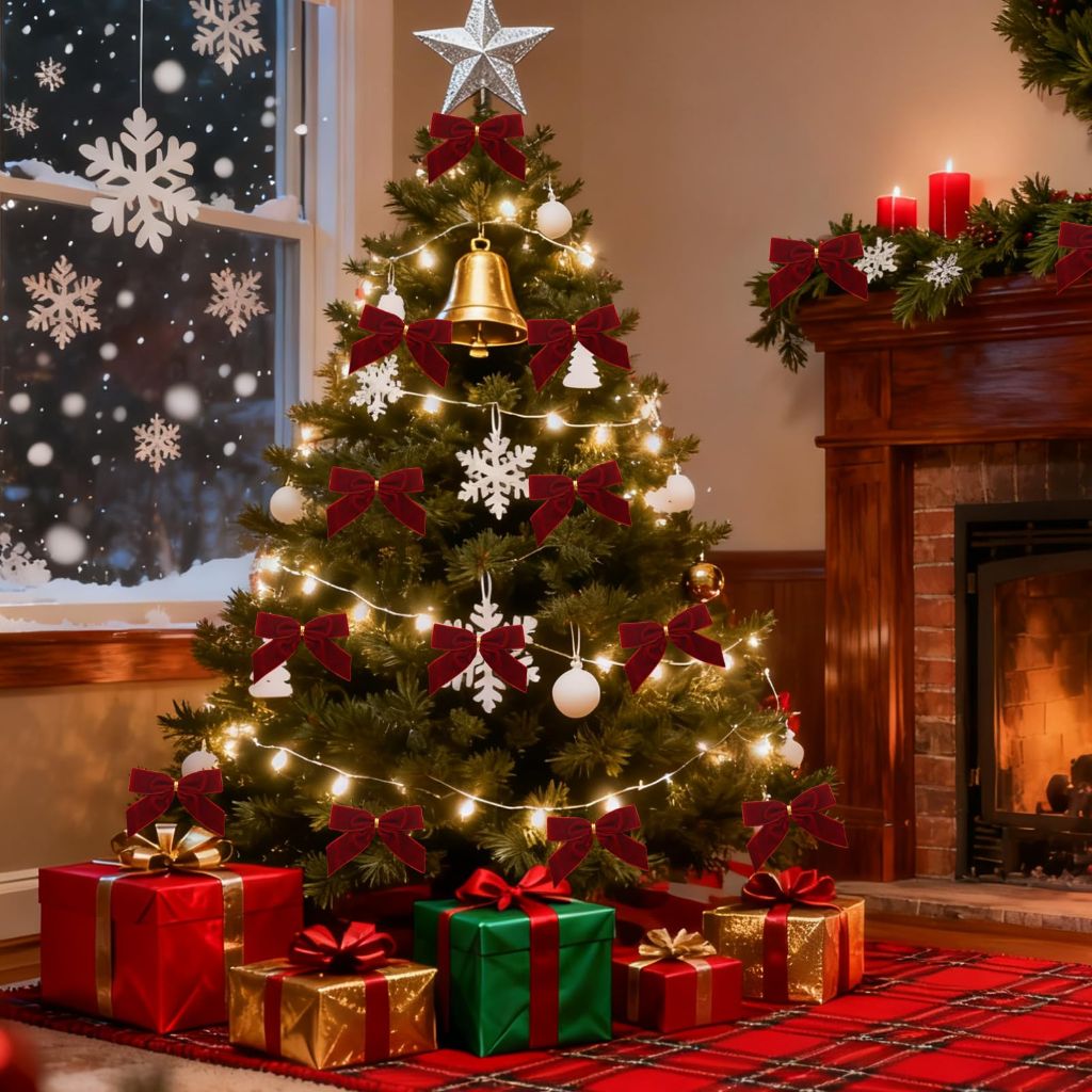 GAOKOXI 26 Pcs Burgundy Small Velvet Bows Decorations Vintage Christmas Ornaments