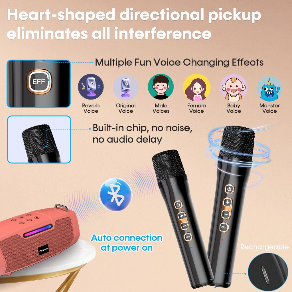 Portable Karaoke Machine for Karaoke Fan - 60W Powerful Bluetooth Speaker with Two Wireless Microphones for Outdoor & Family Festival Party, Ideal for Adults, Kids, Teenager - Orange Red
