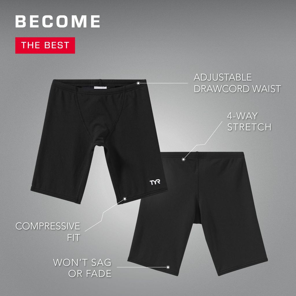 TYR Durafast Elite Boys' Swim Jammers - Youth Swim Suit for Training and Recreation -Black, X-Small