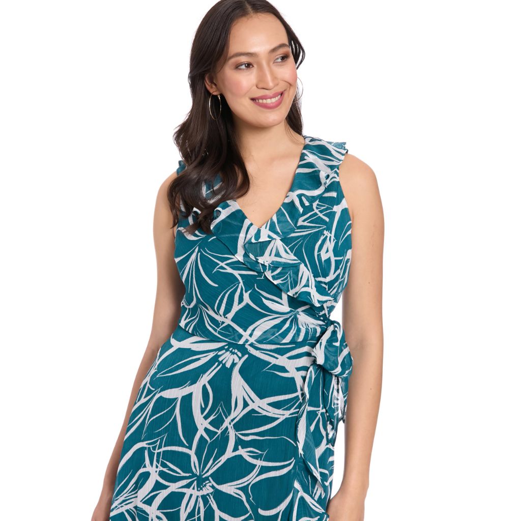 London Times Women's Dresses Sleeveless Ruffle Detail Faux Wrap Tie Midi Dress, Legion Blue/Soft White, 6