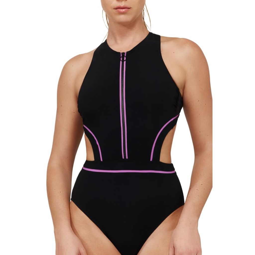 Gottex Women's Standard Free Sport High Neck Cut Out One Piece-Built-in Soft Cups, Black-Purple Size 4