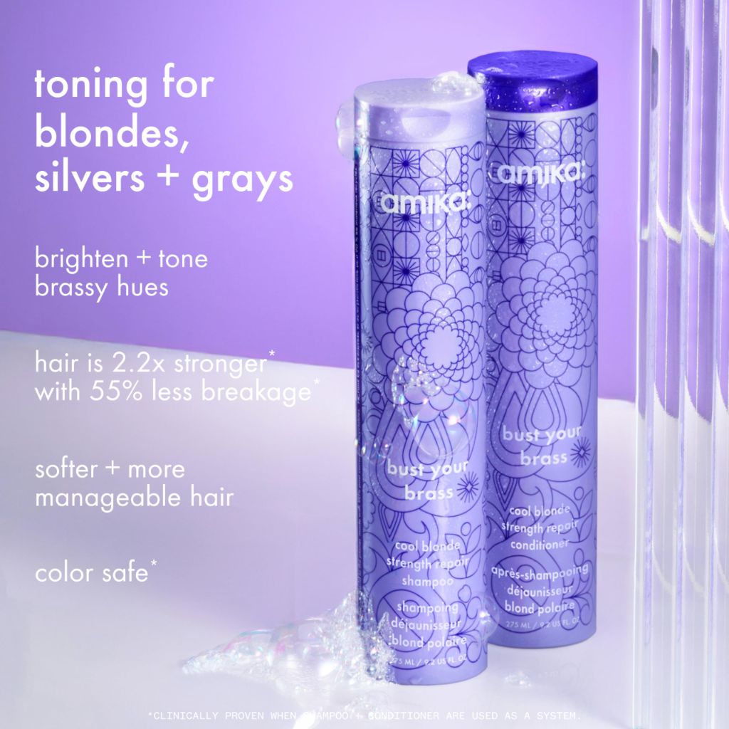 Amika bust your brass cool blonde strength repair shampoo, 275ml