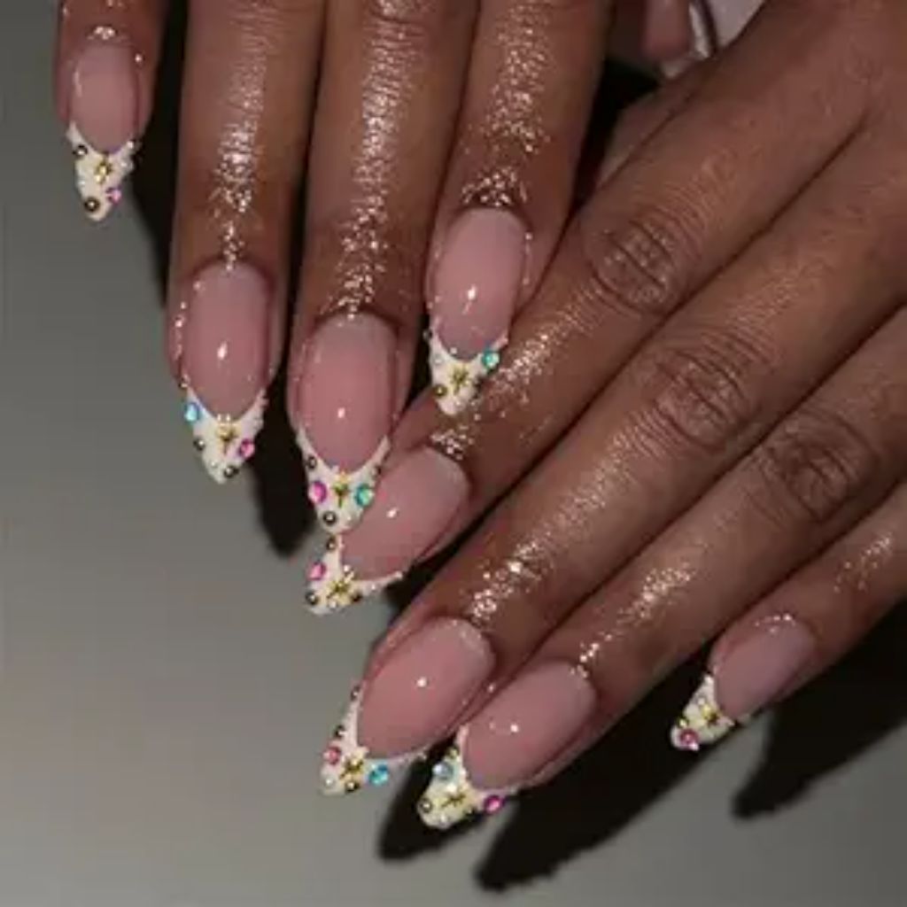 White French Tip Nail Press ons Gold with Colorful Design Rhinestone Glue on Nails Star Fake Nails Glossy False Nails Reusable Artificial Acrylic Medium Almond Stick on Nails for Women Manicure 24Pcs