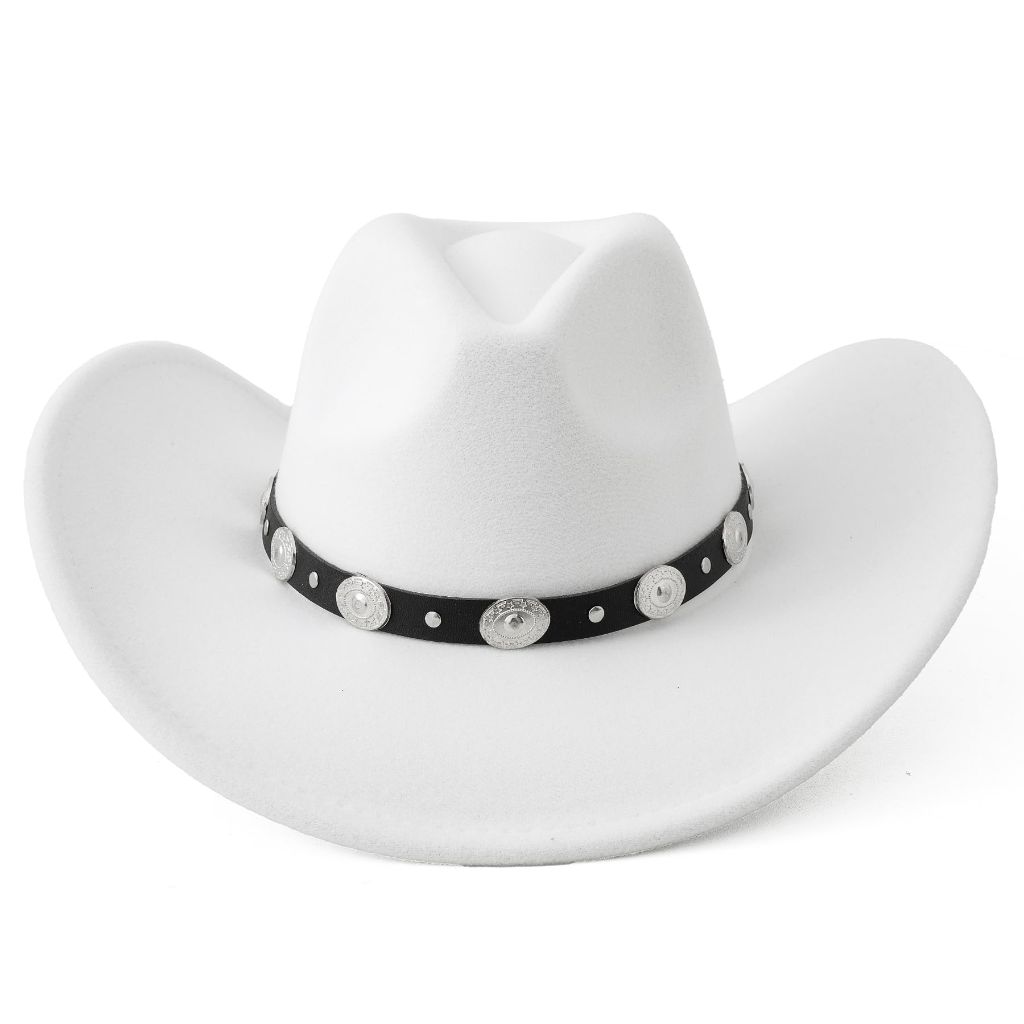 Lanzom Women Men Felt Wide Brim Western Cowboy Hats Belt Buckle Panama Hat (White, Large-X-Large)
