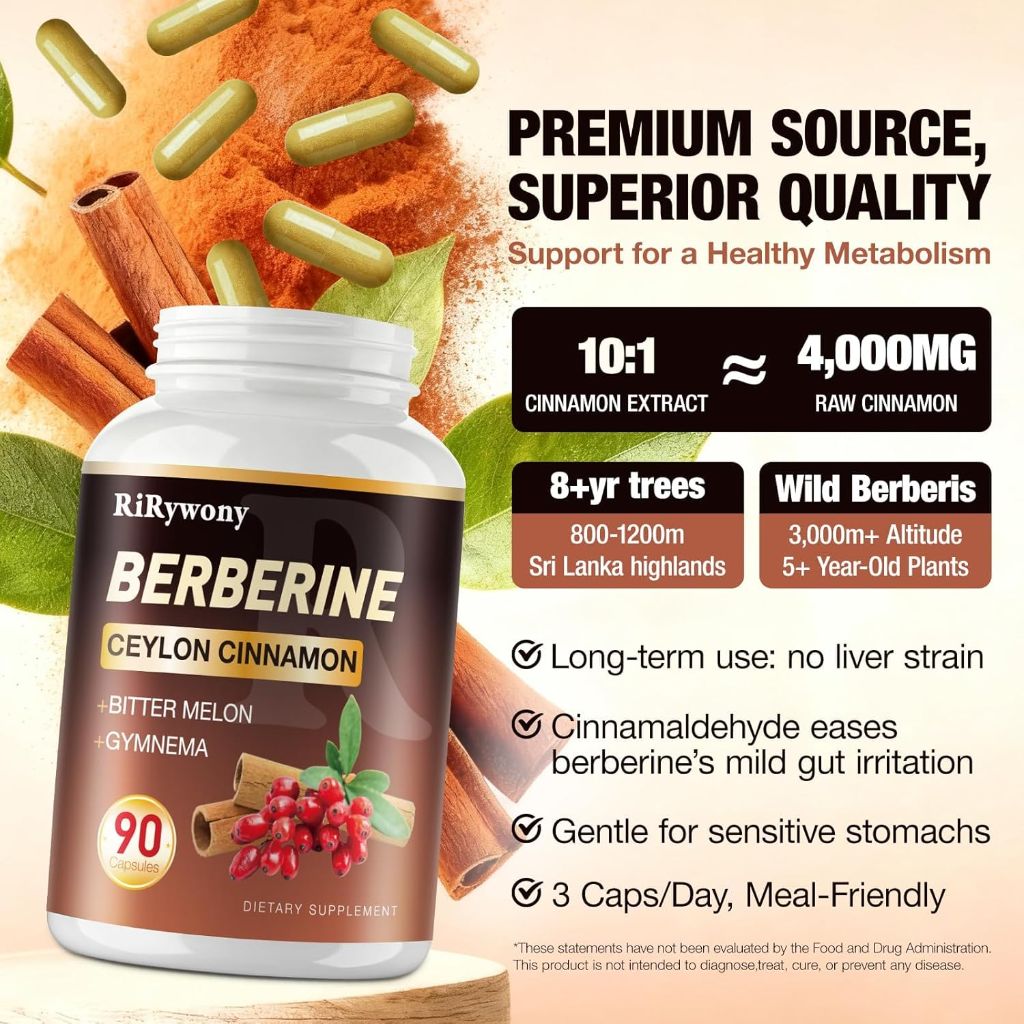 Berberine Supplement, Berberine with Ceylon Cinnamon, Bitter Melon, and Gymnama - 1500 MG, 90 Capsules