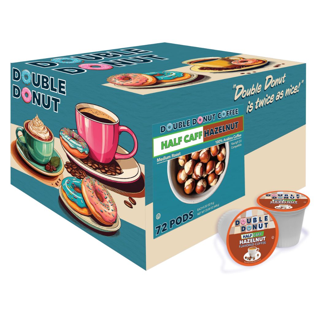 Double Donut Coffee Half Caff Hazelnut Flavored Coffee Pods, Medium Roast Coffee Compatible with Keurig K Cups Brewers 72 ct