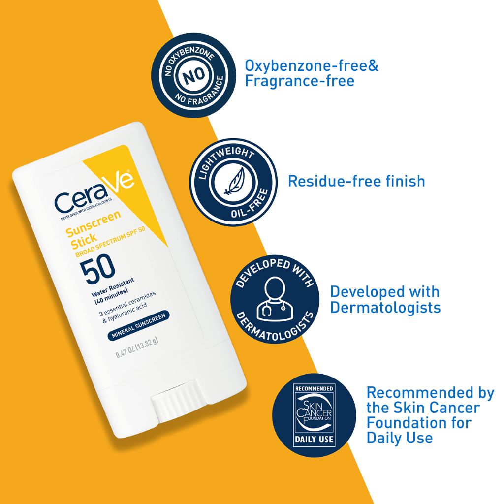 CeraVe Mineral Sunscreen Stick SPF 50, Broad Spectrum SPF + Hyaluronic Acid - 0.47oz