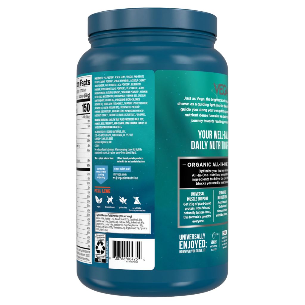 Vega All in One Nutrition Organic - 20g Plant-Based Pea Protein, Unsweetened, 20 Servings, Vitamins A & C, Probiotics, Greens, Vegan, Keto, Gluten Free, 26.9oz (Packaging May Vary)