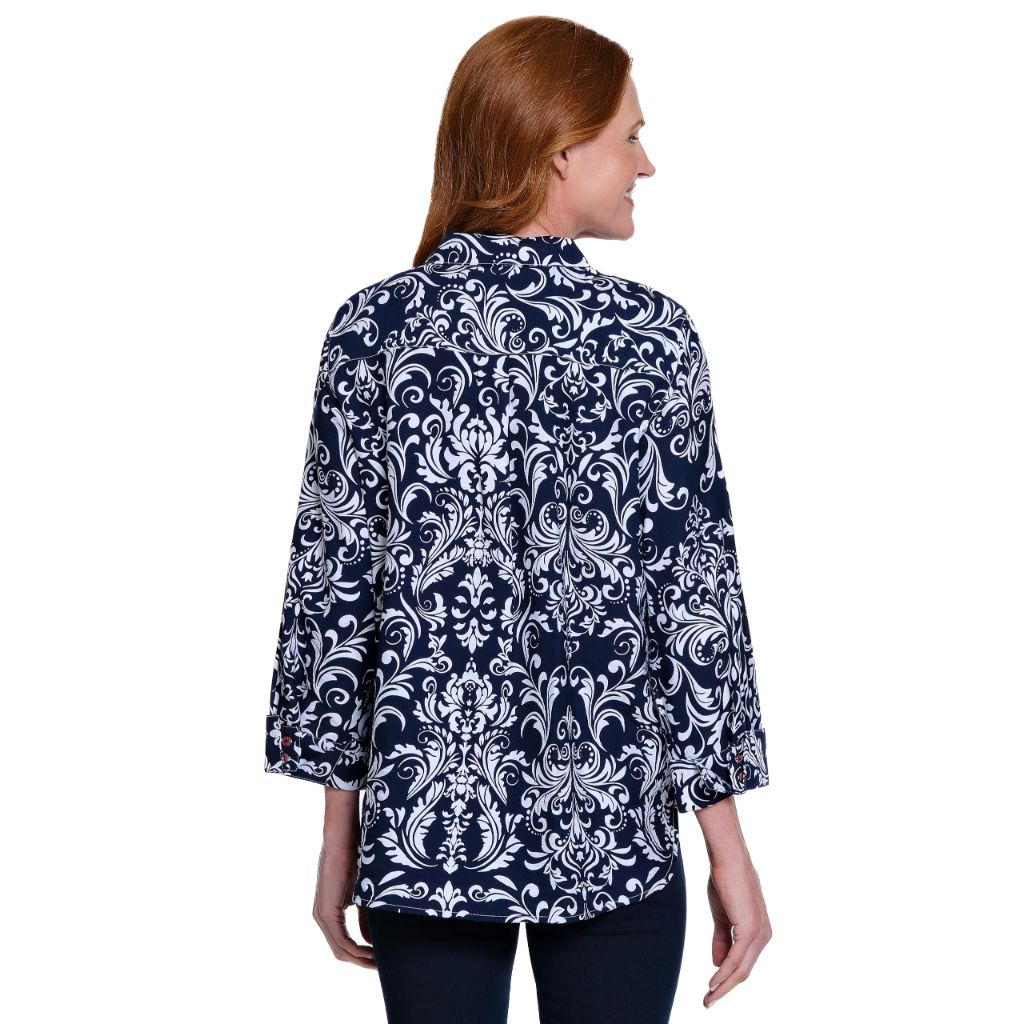 Ali Miles Woven Button Tunic Point Collar, 3/4 Sleeves, Navy Print, XL