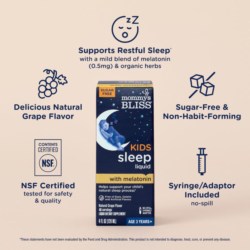 Mommy's Bliss Kids Sleep Liquid with Melatonin & Calming Herbs | Grape Flavor | 4 Fl Oz (60 Servings)