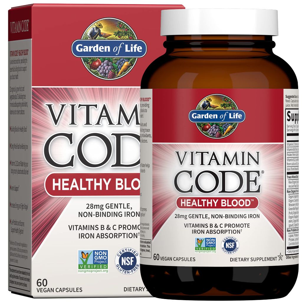 Garden of Life Vitamin Code Healthy Blood - Iron Supplement for Women, 60 Vegan Capsules