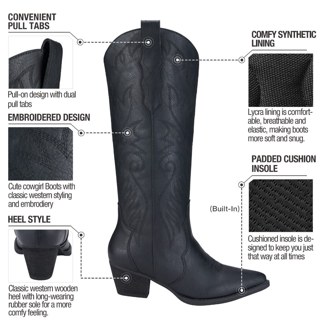 Rollda Cowboy Boots for Women, Black - Size 7