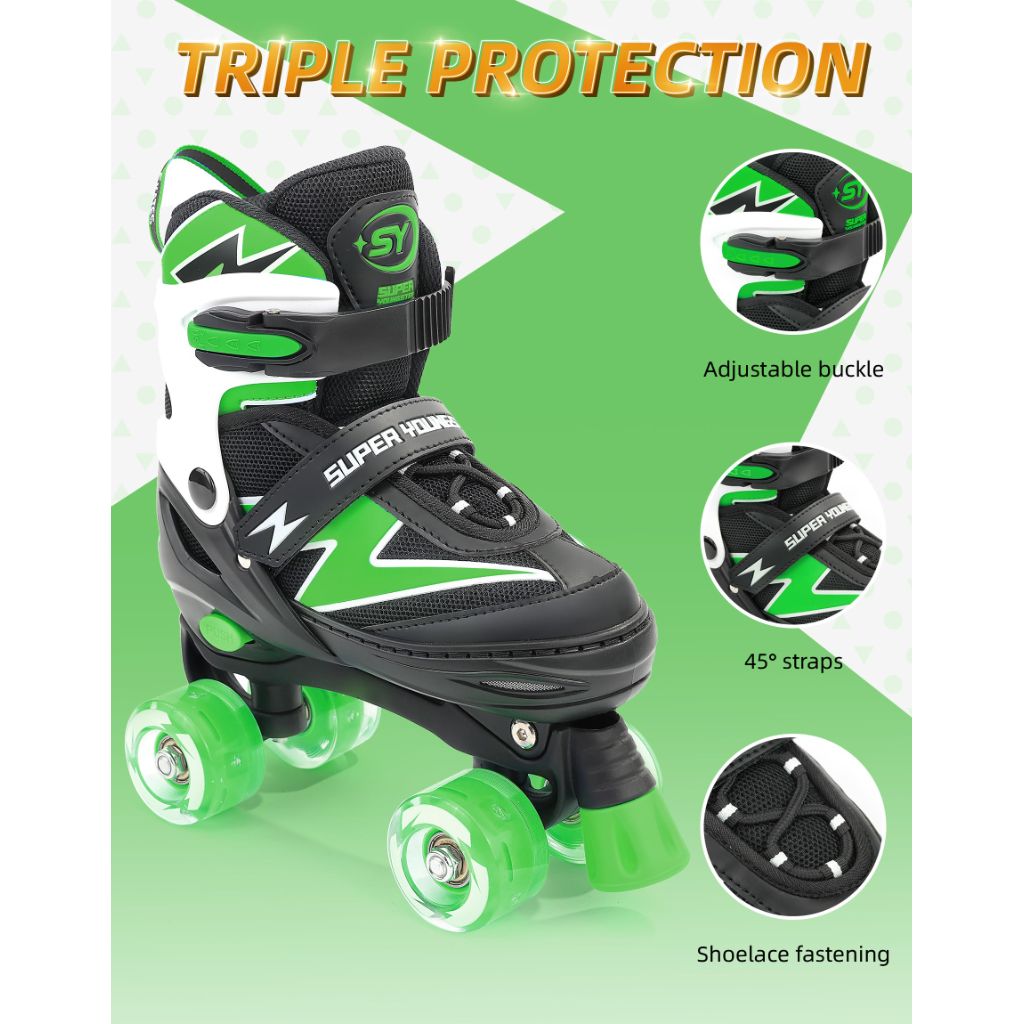 SUPER YOUNGSTER Adjustable Roller Skates, Green - Kids Ages 5-8 8-12