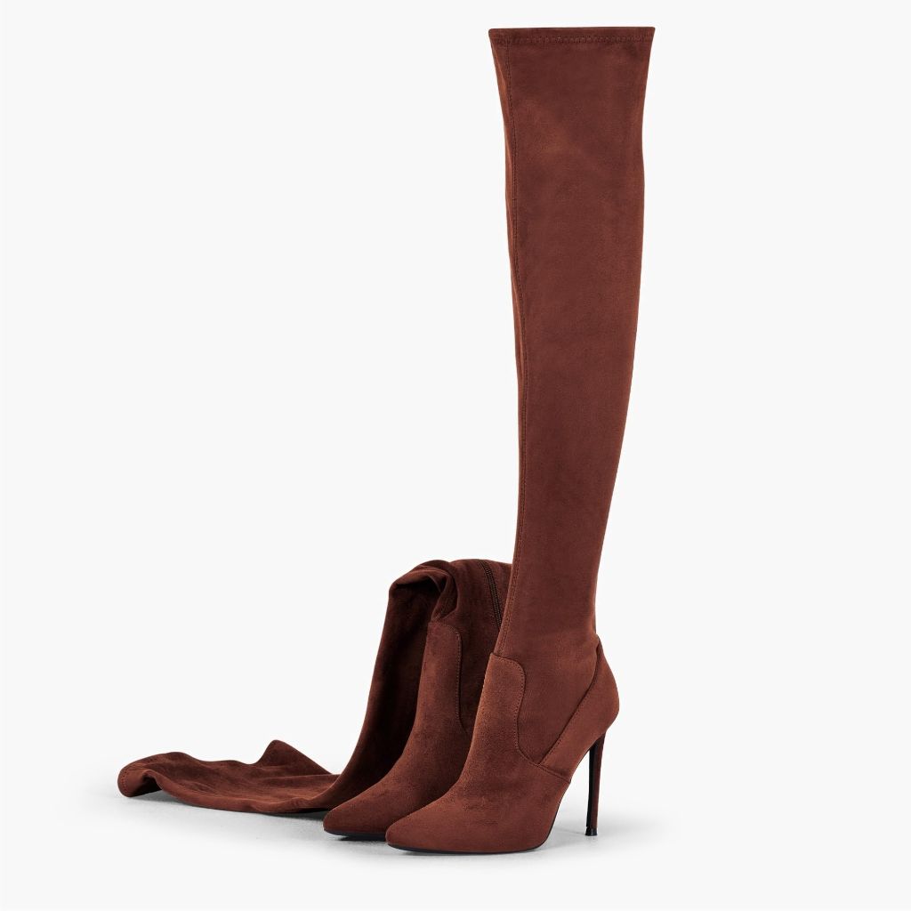 SZ 8.5 Elisabet Tang Thigh High Boots Over the Knee Boots for Women, Stretch Suede | Brown