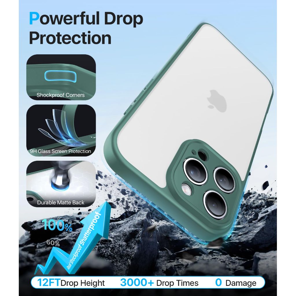 Shiiuou Shockproof for iPhone 15 Pro Max Case, [Camera Protection] [Military-Grade Drop Protection] Protective Anti-Yellow Slim Translucent Skin-Friendly Case for iPhone 15 Pro Max, Midnight Green