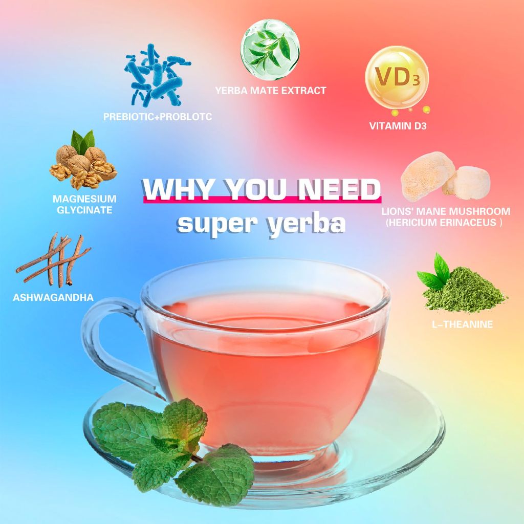 Super Yerba Mate Instant Tea Powder with Prebiotics & Probiotics - Raspberry Lemonade Flavor 30 Servings