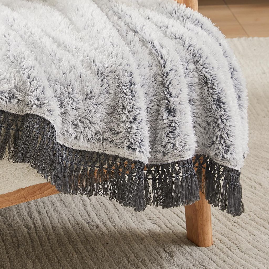 EMME Soft Sherpa Fleece Blanket with Tassel, (Tassel Grey, 50"x60")