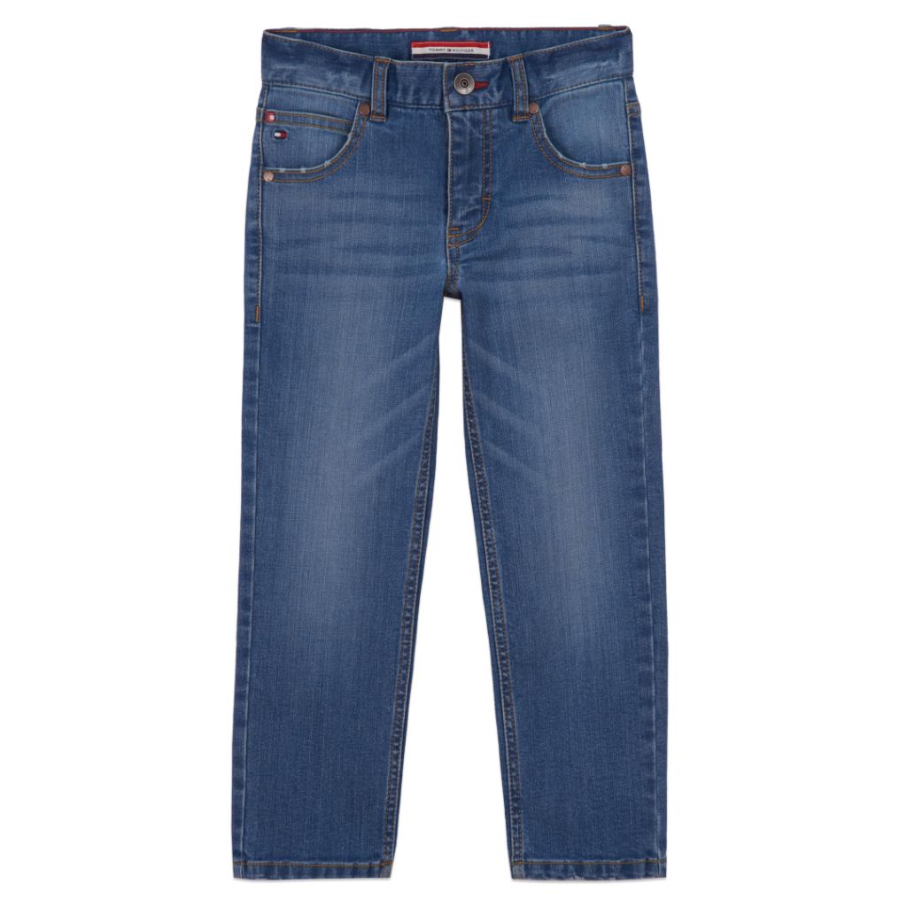 Tommy Hilfiger Boys' 5-Pocket Stretch Slim Straight Leg Denim Jean, Zipper Closure, Stone Blue, 12