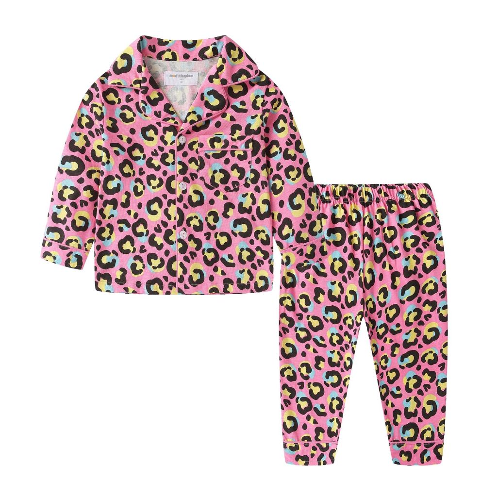 Mud Kingdom Pajamas Set for Big Girls 2-Piece Button Down V-Neck Shirt and Pants Snug Fit Loungewear Leopard Print Size 10-12