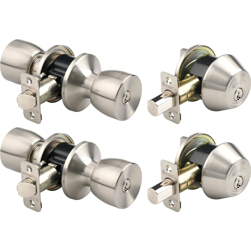 BRINKS - Bell Style Keyed Entry Door Knob and Single Cylinder Deadbolt Set, 2-Pack - Keyed Alike, Satin Nickel