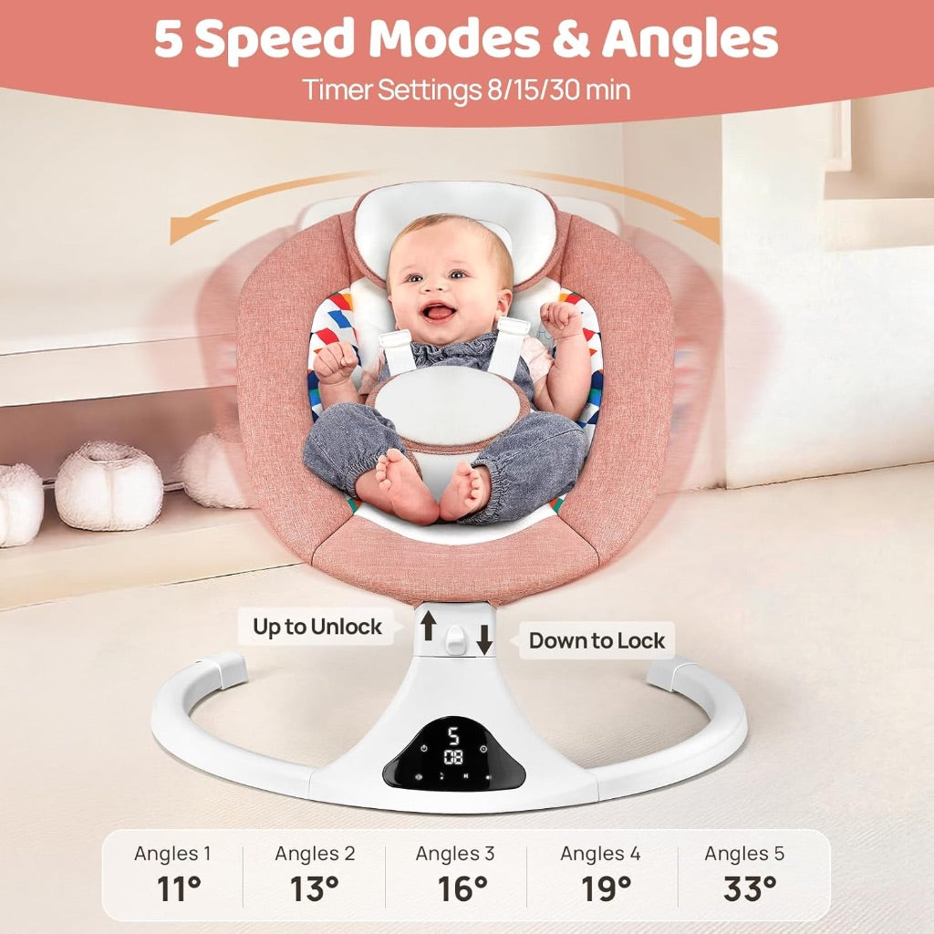 Portable Baby Swing with 5 Speeds, 12 Soothing Melodies, Bluetooth & Remote Control - Pink