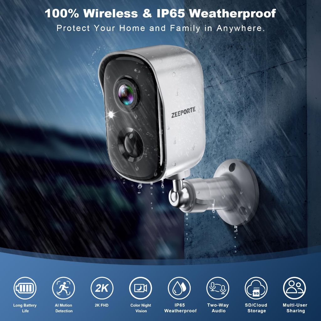 Security Cameras Wireless Outdoor, 2K Battery Powered WiFi Cameras for Home Security with AI Motion Detection - 4 Pcs