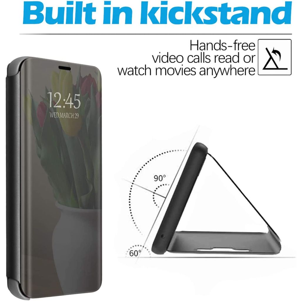 Galaxy S25 Case with Kickstand, PU Leather Clear View Mirror Flip Cover (Black)