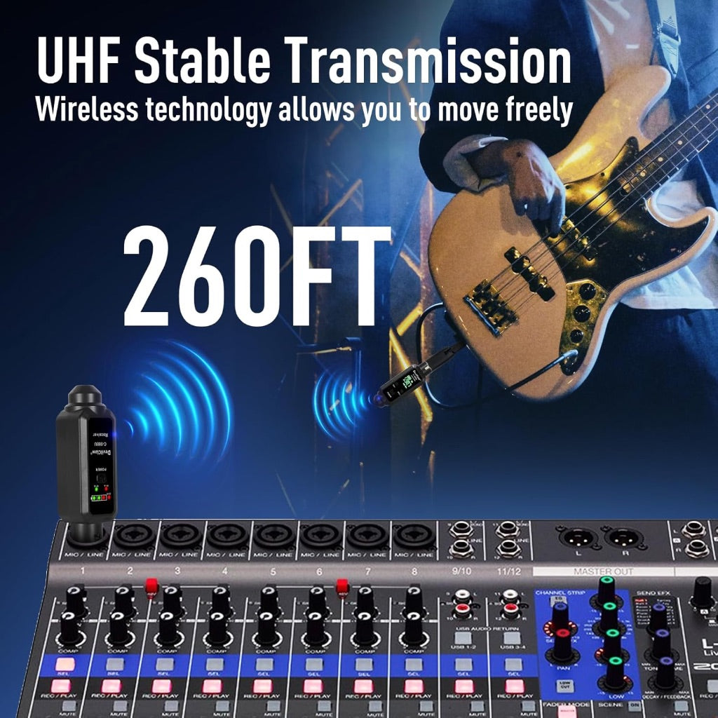 Wireless Guitar System Dual Transmitter with Microphone, Electric Guitar Accessories, 260ft Range, Plug and Play Wireless Audio Transmitter and Receiver for Bass Guitar