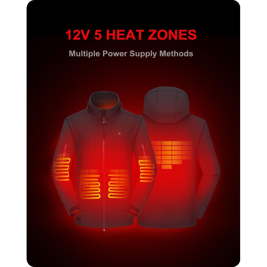 DEWBU Soft Shell Heated Jacket for Men with 12V Battery Pack and Detachable Hood Outdoor Electric Heating Coat, Black, 2XL