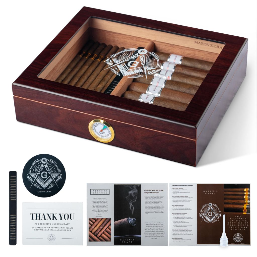 Free Mason Cigar Humidor - Cedar Lined Cigar Holder Humidifier with Accurate Hygrometer Wood