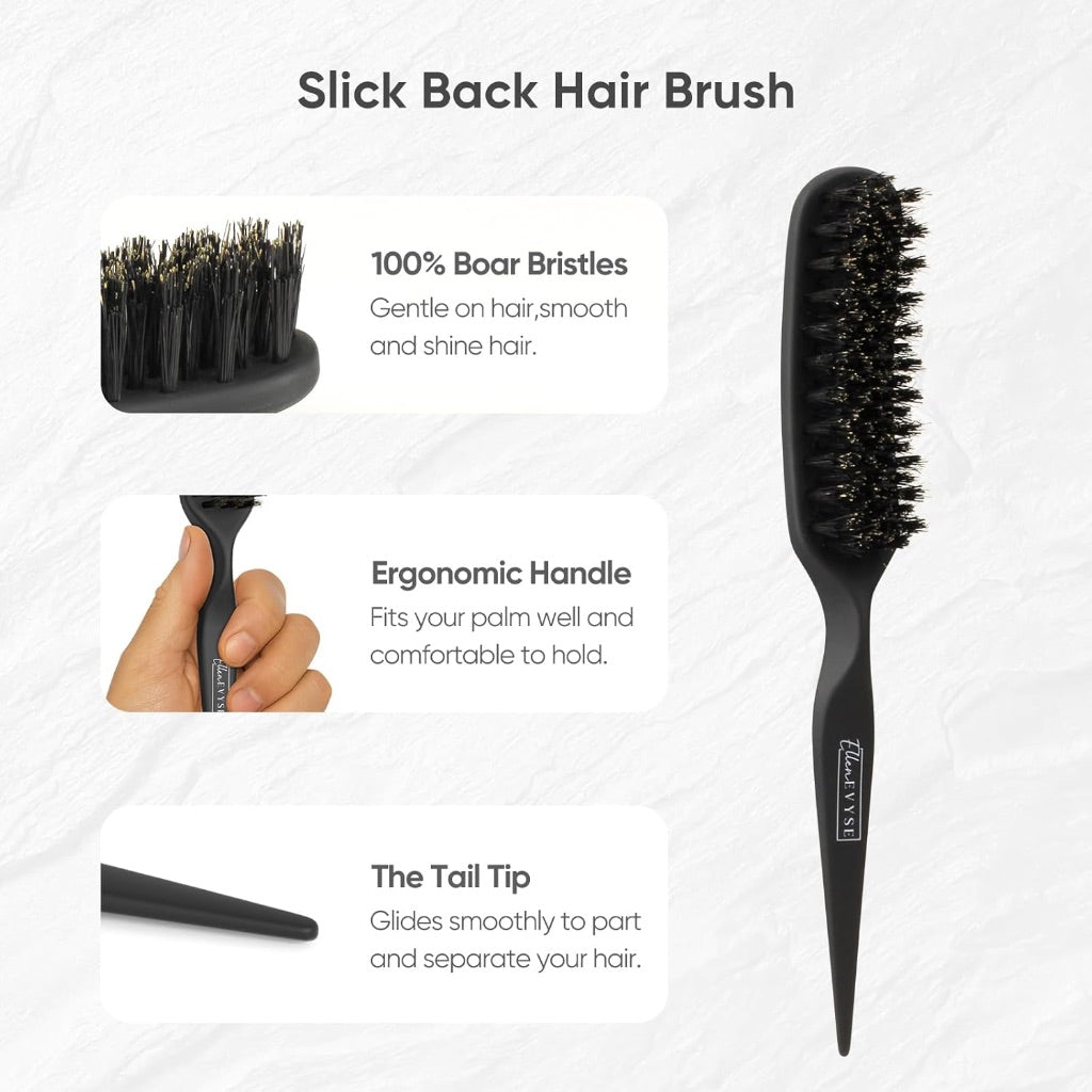 Ellen Evyse Boar Bristle Slick Back Brush for Smooth Flyaways, For fine to medium hair, Sleek Ponytail, Buns, Small Brush for Smoothing Edge Baby Hair Rat Tail Combs Parting Combs