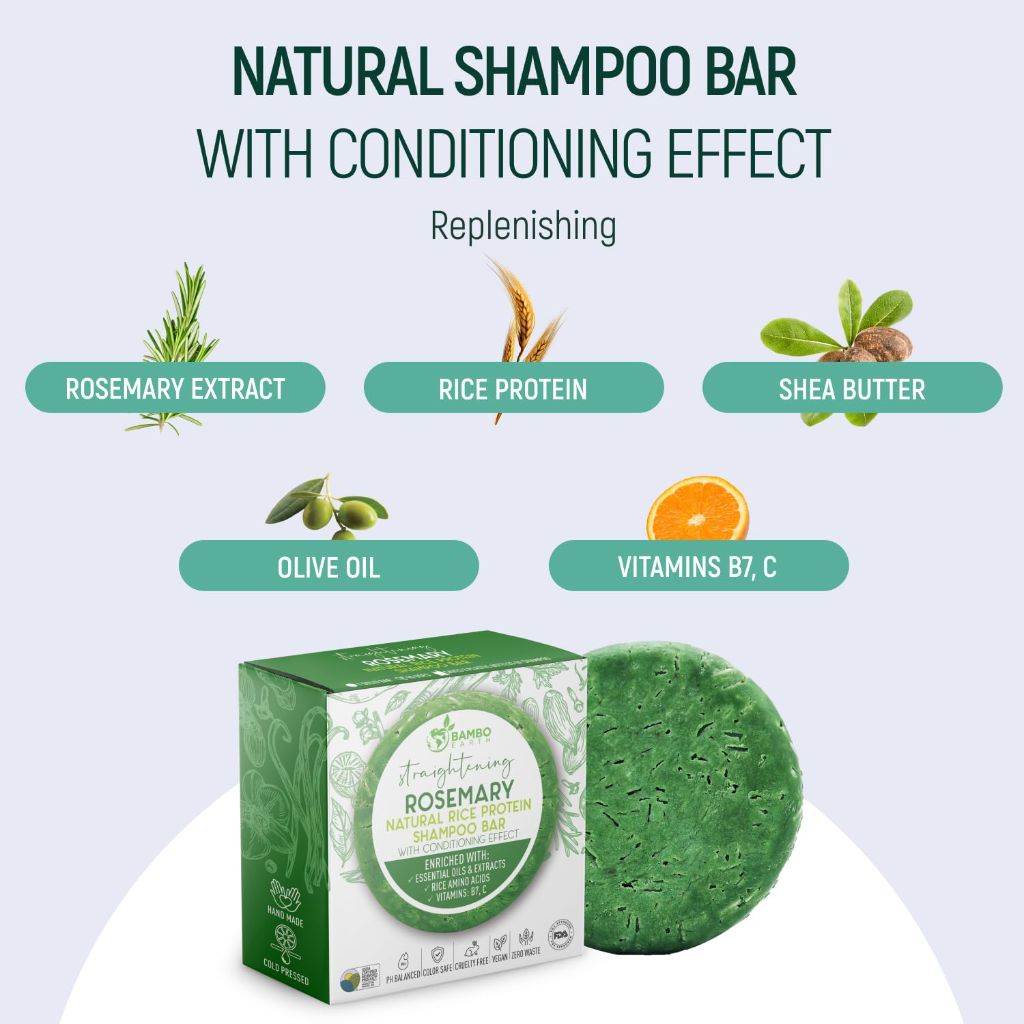 BAMBOEARTH Solid Rice Protein Water Shampoo Bar With Conditioner (Rosemary)