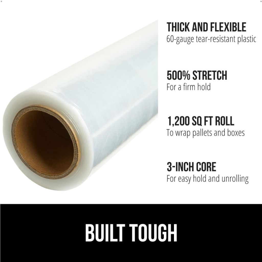 GORILLA GRIP 500% Stretch Film Heavy Duty Plastic, 2 Pack 1200ft Shrink Wrap Rolls 17" Puncture Resistant, Industrial Strength for Pallet Storing, Wrapping, Moving, Packing Furniture Protection Clear