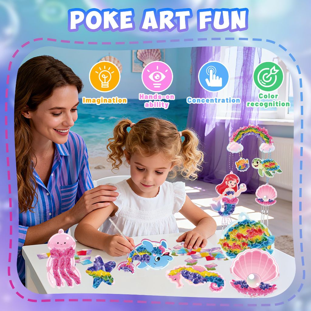 AevumTech Poke-in Crafts, Mermaid Wind Chime & Ocean Theme DIY Craft Kit, Arts and Crafts for Kids, Poke in Art Crafts Kits for Halloween, Birthday, Christmas Gifts for Girls 4-12 Years Old