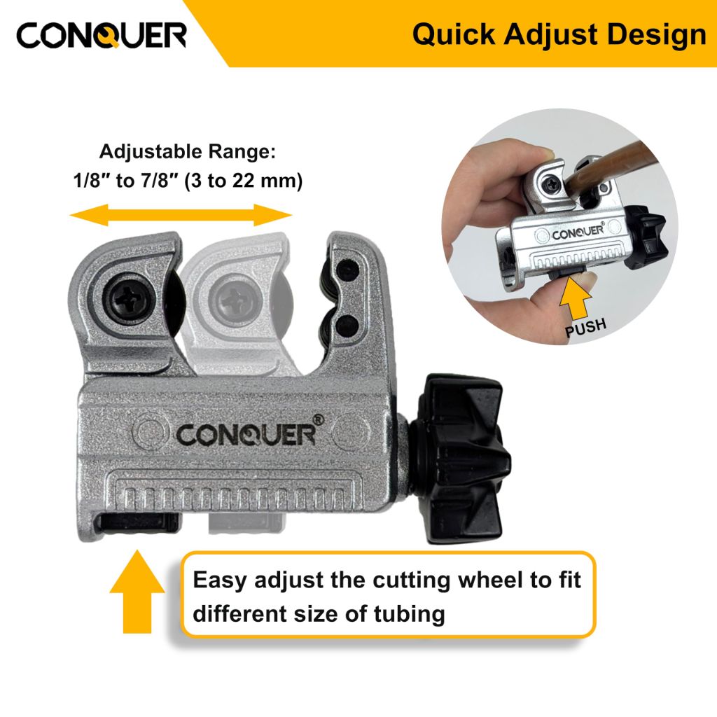Conquer Mini Tubing Cutter for Copper, Plastic, PEX, Aluminum, Brass - 1/8"–7/8" (HT05116)