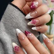 Almond French Tip Press on Nails - White Medium with Pink Flower Design, Pearl Full Cover Stick On, Ombre Fake Nails - 24pcs