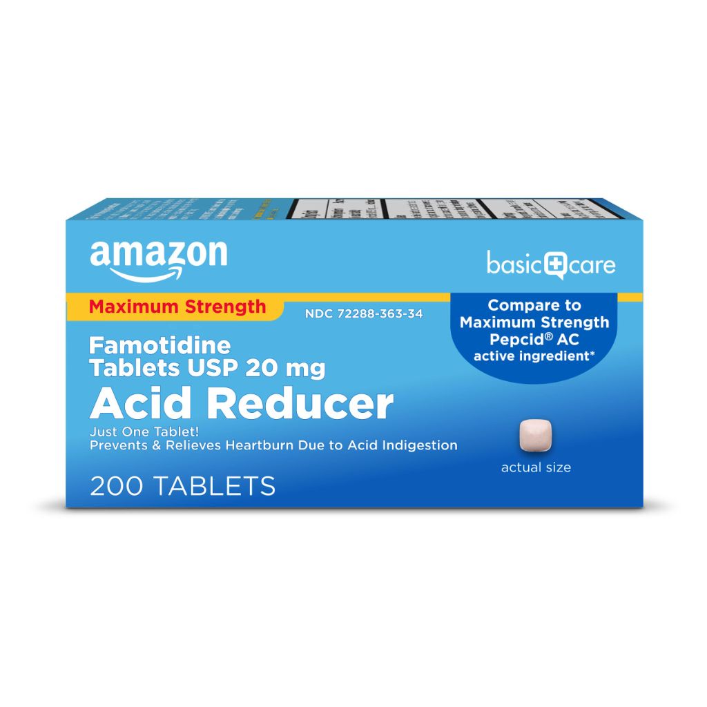 Amazon Basic Care Maximum Strength Famotidine Tablets 20 mg,  12 Hour Protection, 200 Count
