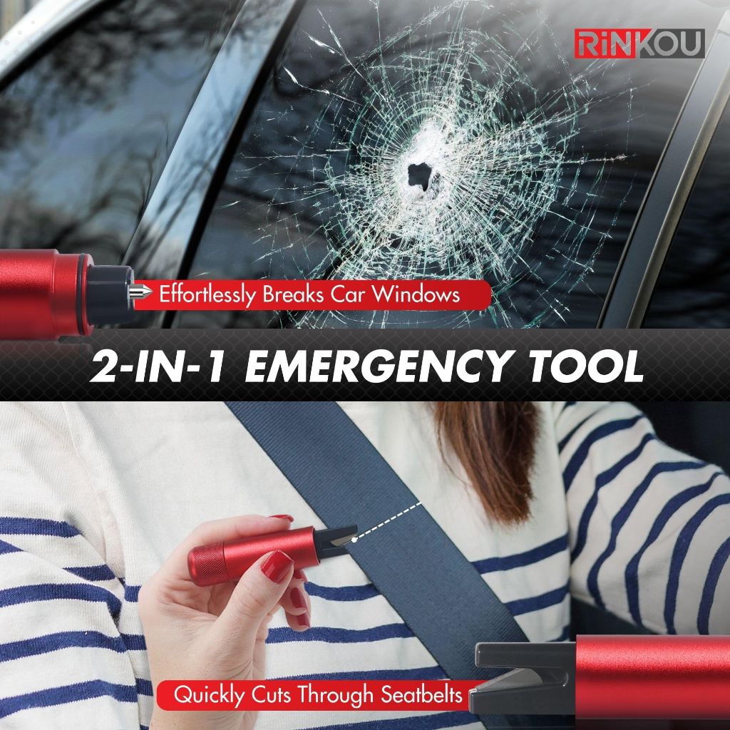 RINKOU Window Breaker Seatbelt Cutter Car Escape Tool (2 Pack) – Premium Aluminum Alloy Car Window Breaker Tool & Seatbelt Cutter Kit | Portable Car Glass Breaker with Mounts & Test Glass