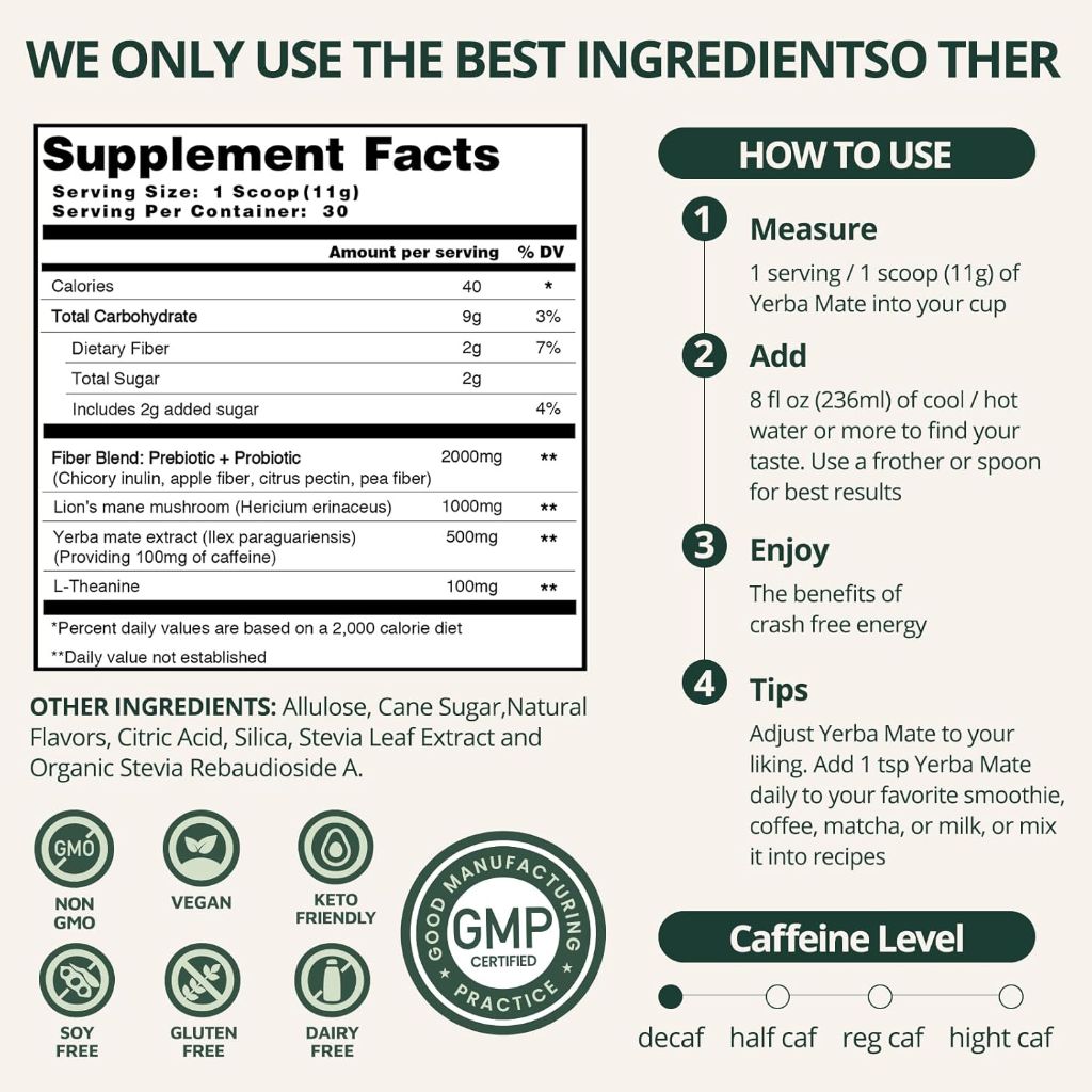 Yerba Mate Instant Tea Powder with Prebiotics/Probiotics, Lion’s Mane, L-Theanine - Peach Mango, 30svgs.