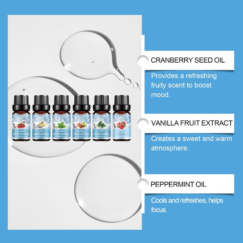 Christmas Fragrance Oil Set- Cranberry, Vanilla, Peppermint, Cinnamon, Cedar, Apple, 6PCS