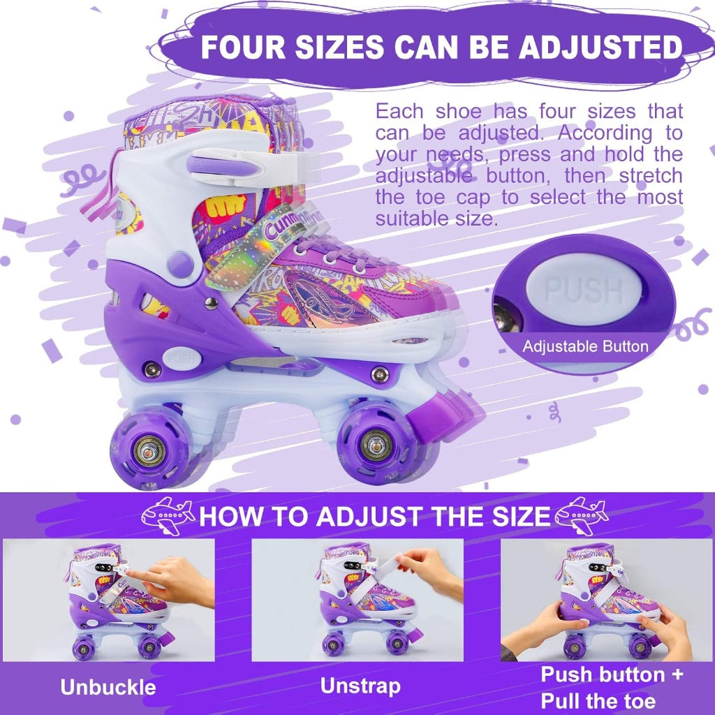 Kids Roller Skates Girls Large, 4 Sizes Adjustable Toddler Roller Girls Skates Outdoor Indoor for Youth and Children, Patines para Niñas with Light up Wheels