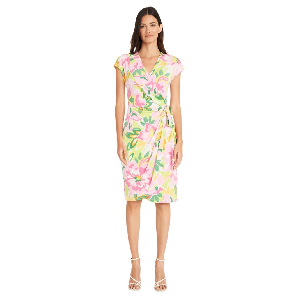 Maggy London Women's Dresses Printed Matte Jersey Wrap, Love Letter Blooms - Green/Pink,  Size 10